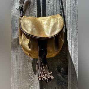 Neiman Marcus Gold and Brown Leather Tassel Crossbody Bag
